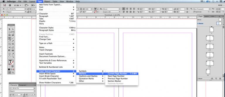 indesign page number on top